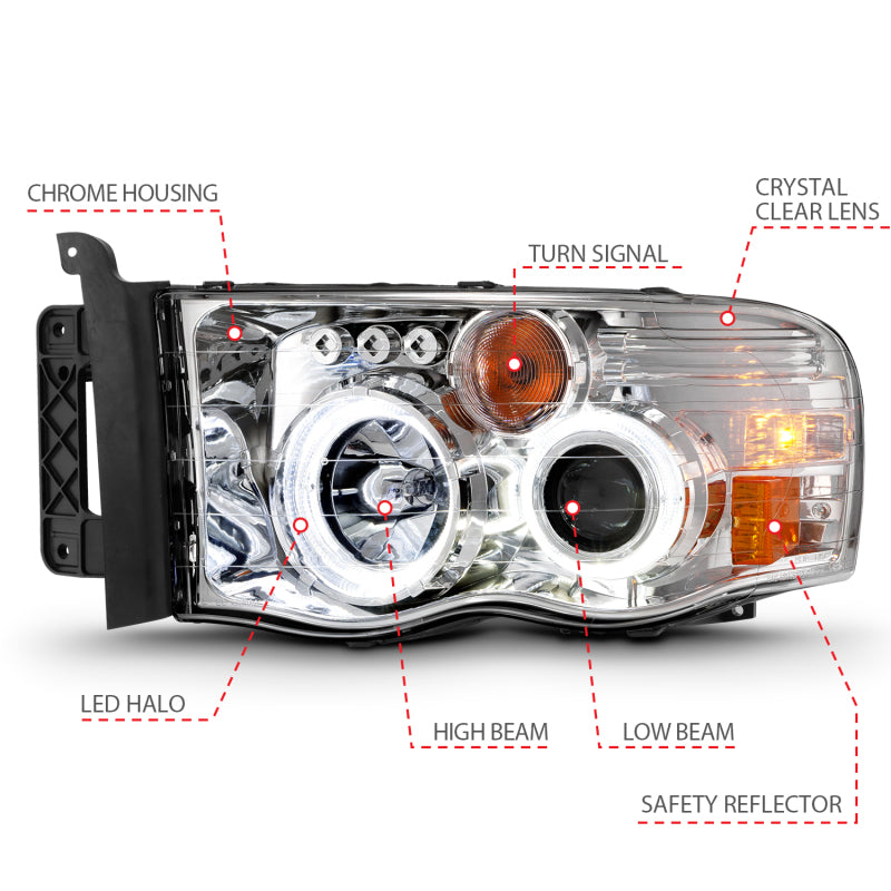 ANZO Projector Halo Headlights, Chrome Housing, Clear Lens - 2002-2005 Ram 1500, 2003-2005 Ram 2500/3500 - ANZO part 111491 view 5