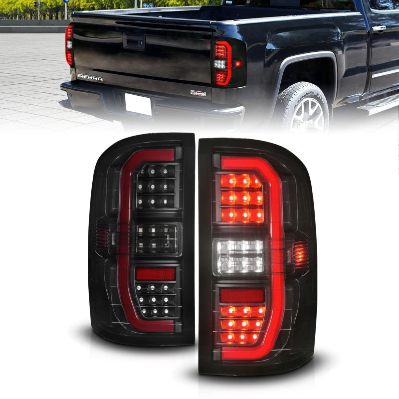 ANZO Full LED C-Bar Sequential Tail Lights, Black Housing, Smoke Lens - 2014-2018 GMC Sierra 1500, 2015-2019 GMC Sierra 2500HD/3500HD (Does not fit OE factory LED models) - ANZO part 311465