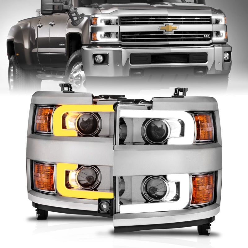 ANZO Projector Switchback Headlights, Chrome, Chrome Trim - 2015-2019 Chevy Silverado 2500HD/3500HD (Halogen models only) - ANZO part 111366
