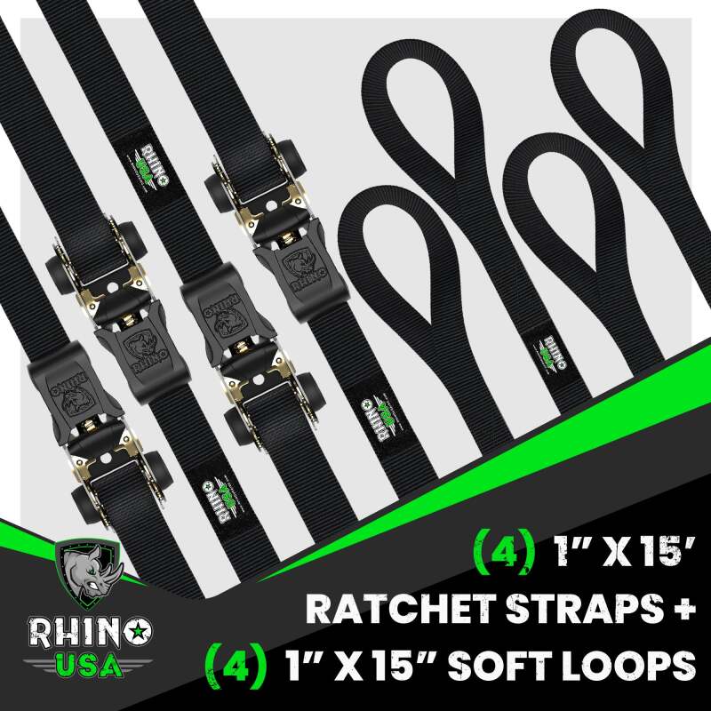 Rhino USA Medium Duty Ratchet Strap Tie-Down 4-Pack (Black) - GMG-R1-4PACK - view 2