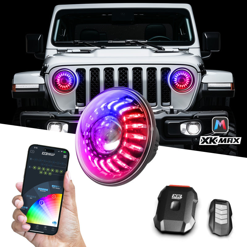 XKGLOW 2019+ Jeep Wrangler JL/JT 7in Headlight XKmax RGBW Kit w/ Mnt Brkt App Cntrl 2pc - MX-7IN-JP-KIT-JL