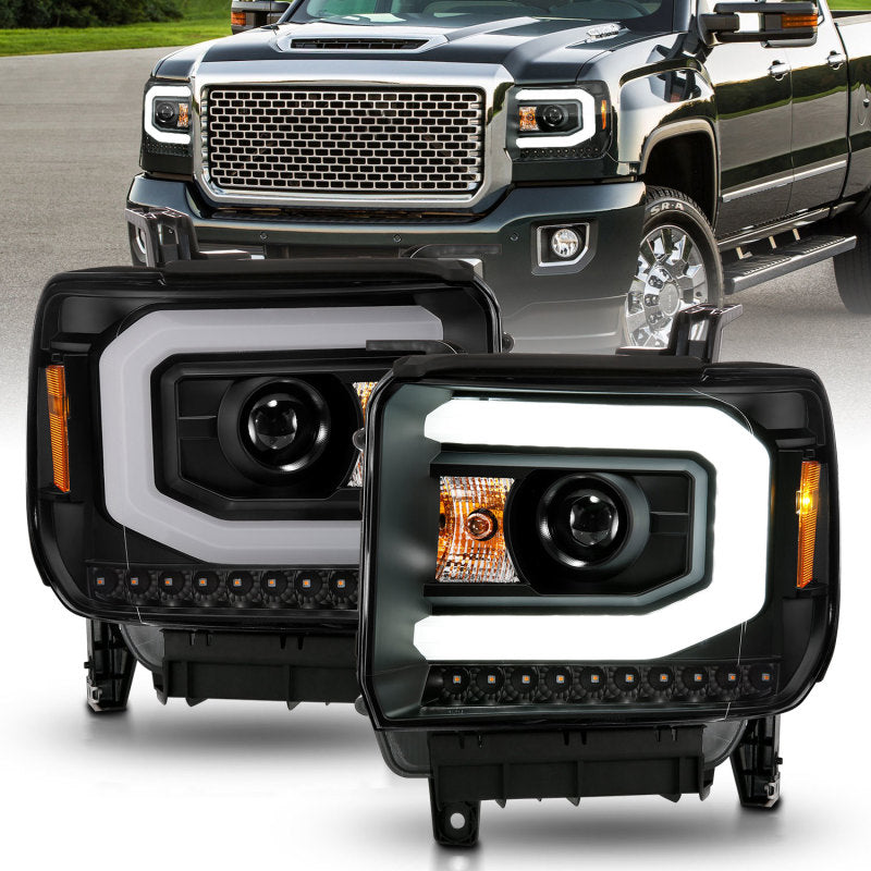 ANZO Projector C-Bar Headlights w/ DRL, Black - 2014-2015 GMC Sierra 1500, 2015-2019 GMC Sierra 2500HD/3500HD (Halogen type model with factory LED DRL) - ANZO part 111513