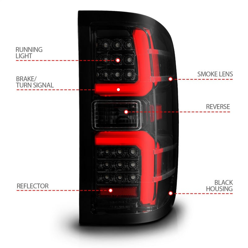 ANZO LED Sequential Tail Lights, Black Housing, Smoke Lens - 2014-2018 Chevy Silverado 1500, 2015-2019 Chevy Silverado 2500HD/3500HD, 2015-2019 GMC Sierra 2500HD/3500HD - ANZO part 311451 view 4