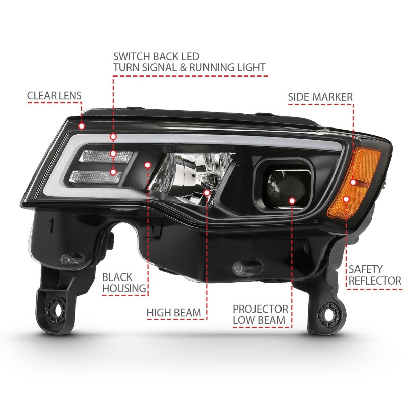 ANZO Projector Plank Style Switchback Headlights, Black - 2017-2022 Jeep Grand Cherokee (Not for HID models) - ANZO part 111418 view 4