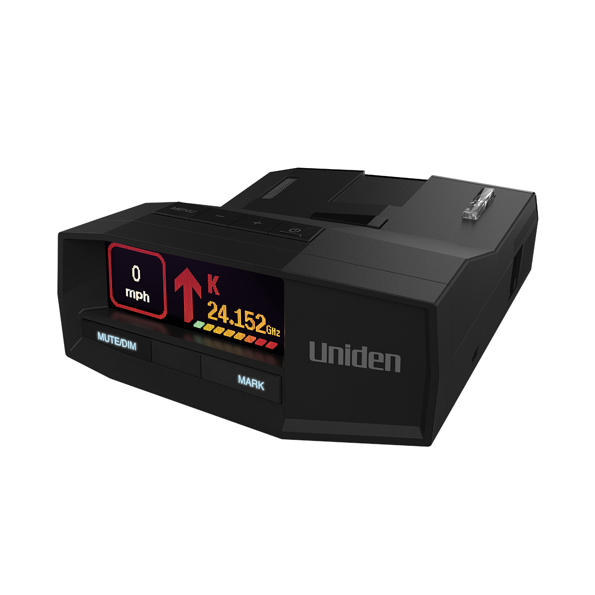 Uniden R8w radar detector, front left angle with screen on