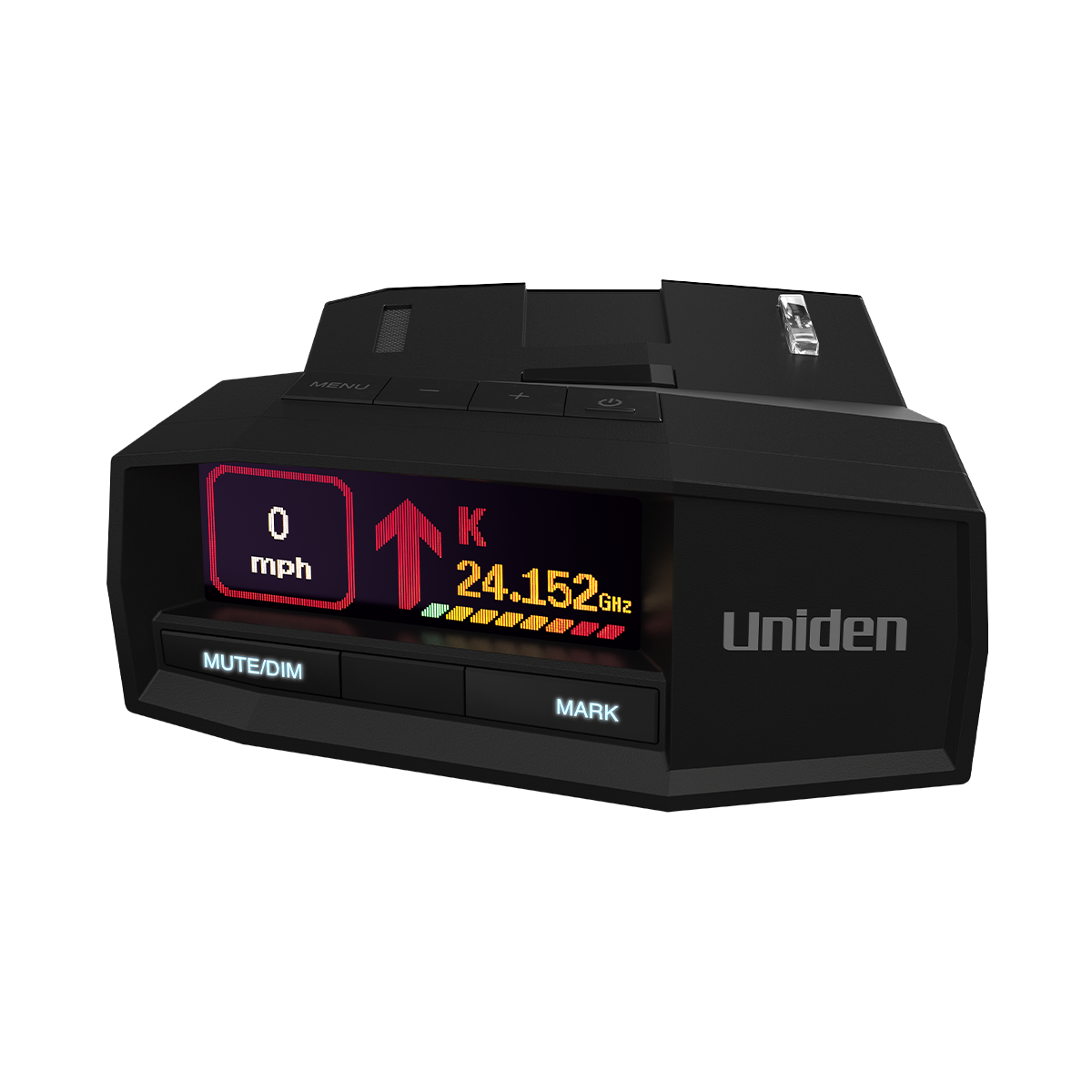 Uniden R8w radar/laser detector, front view with display on
