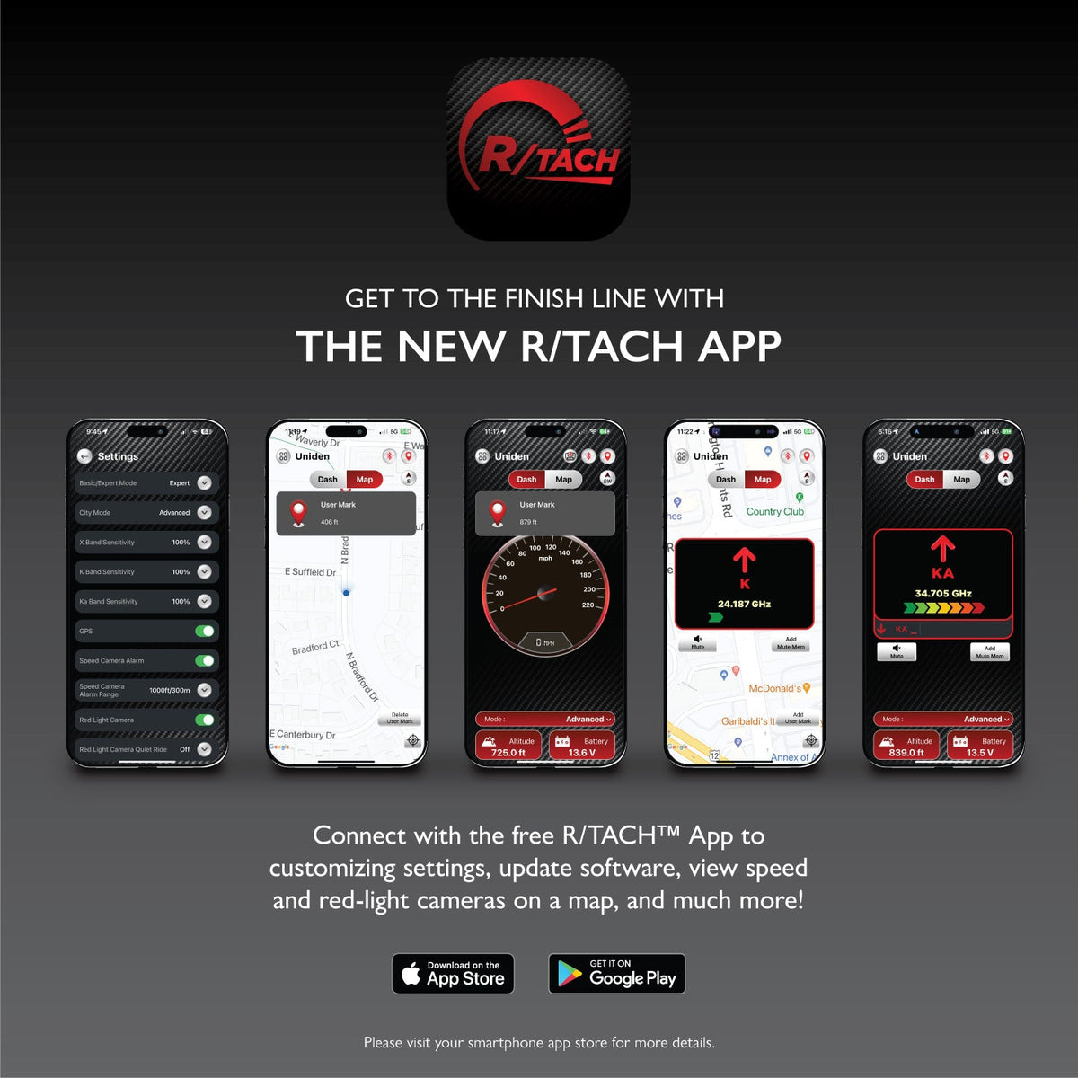 Uniden R/TACH app screens used with the R8w radar detector