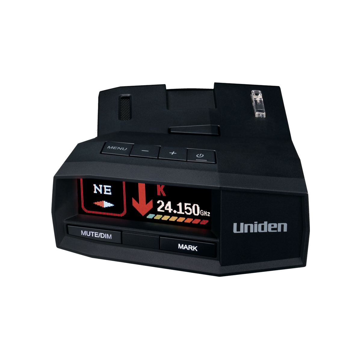 Uniden R8w radar detector, top front view with screen on