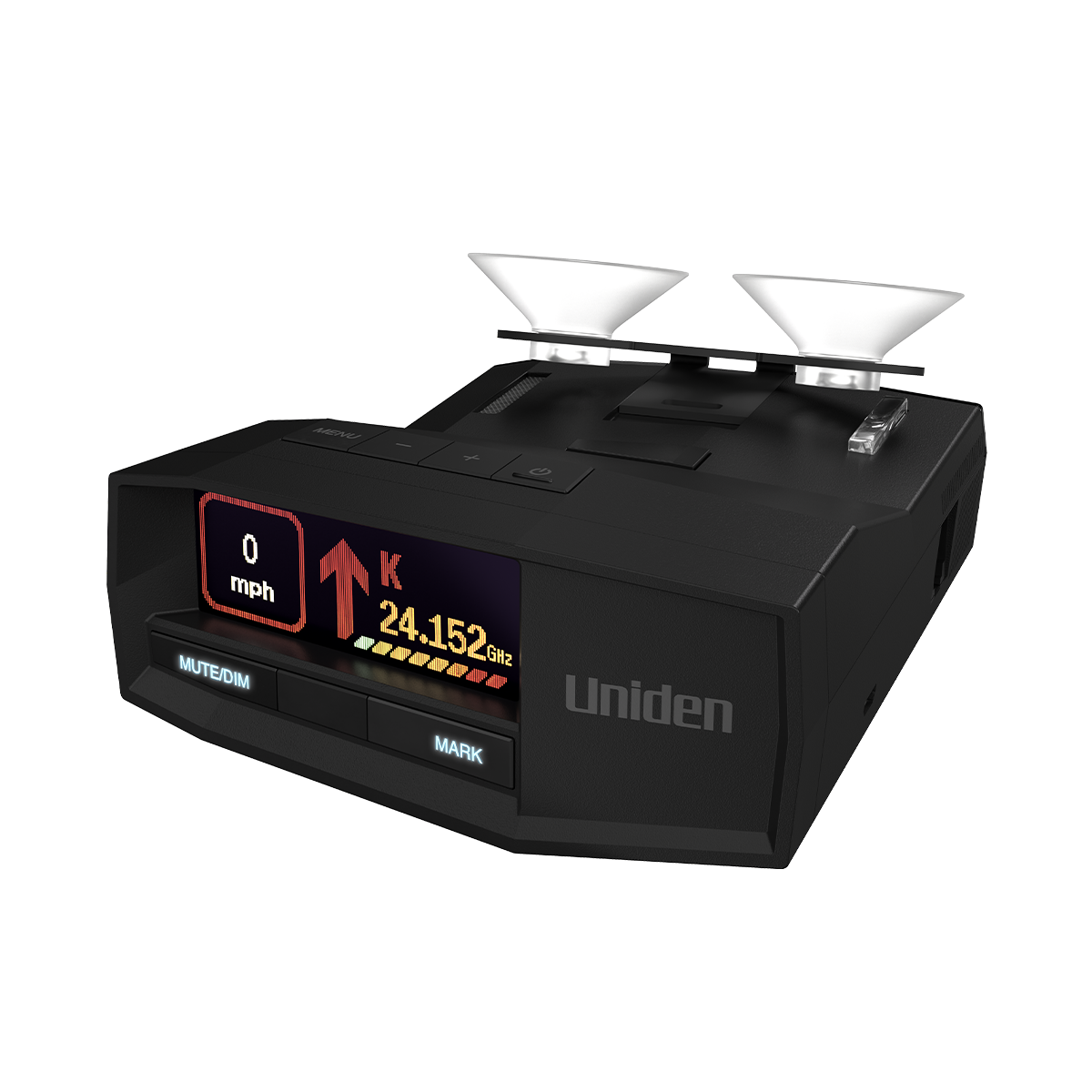 Uniden R8w on double cup windshield mount, screen on