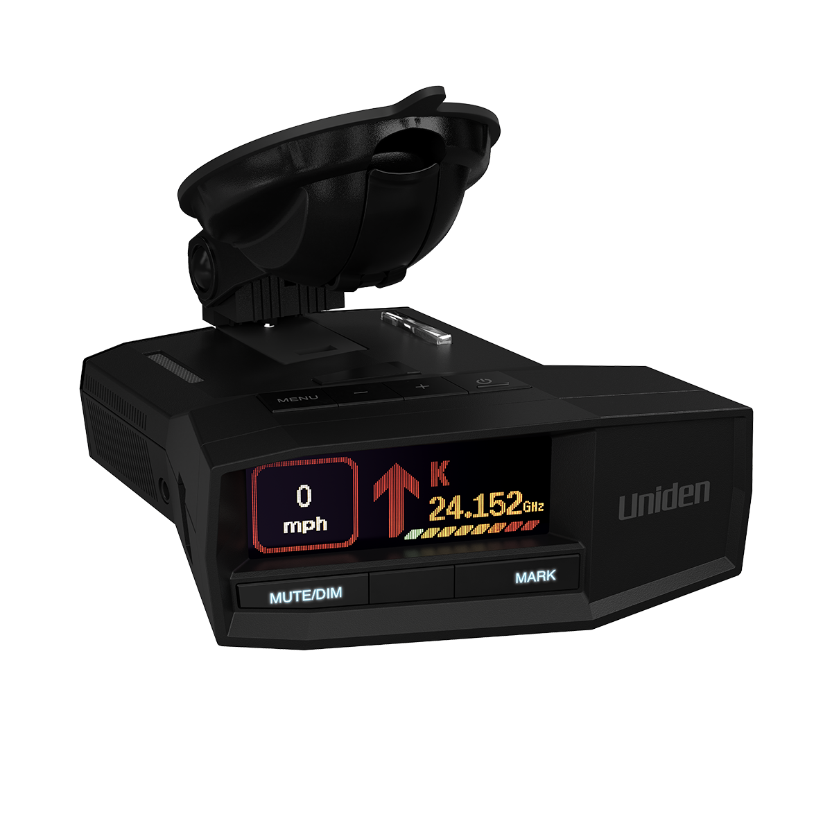 Uniden R8w on premium suction cup mount, screen on
