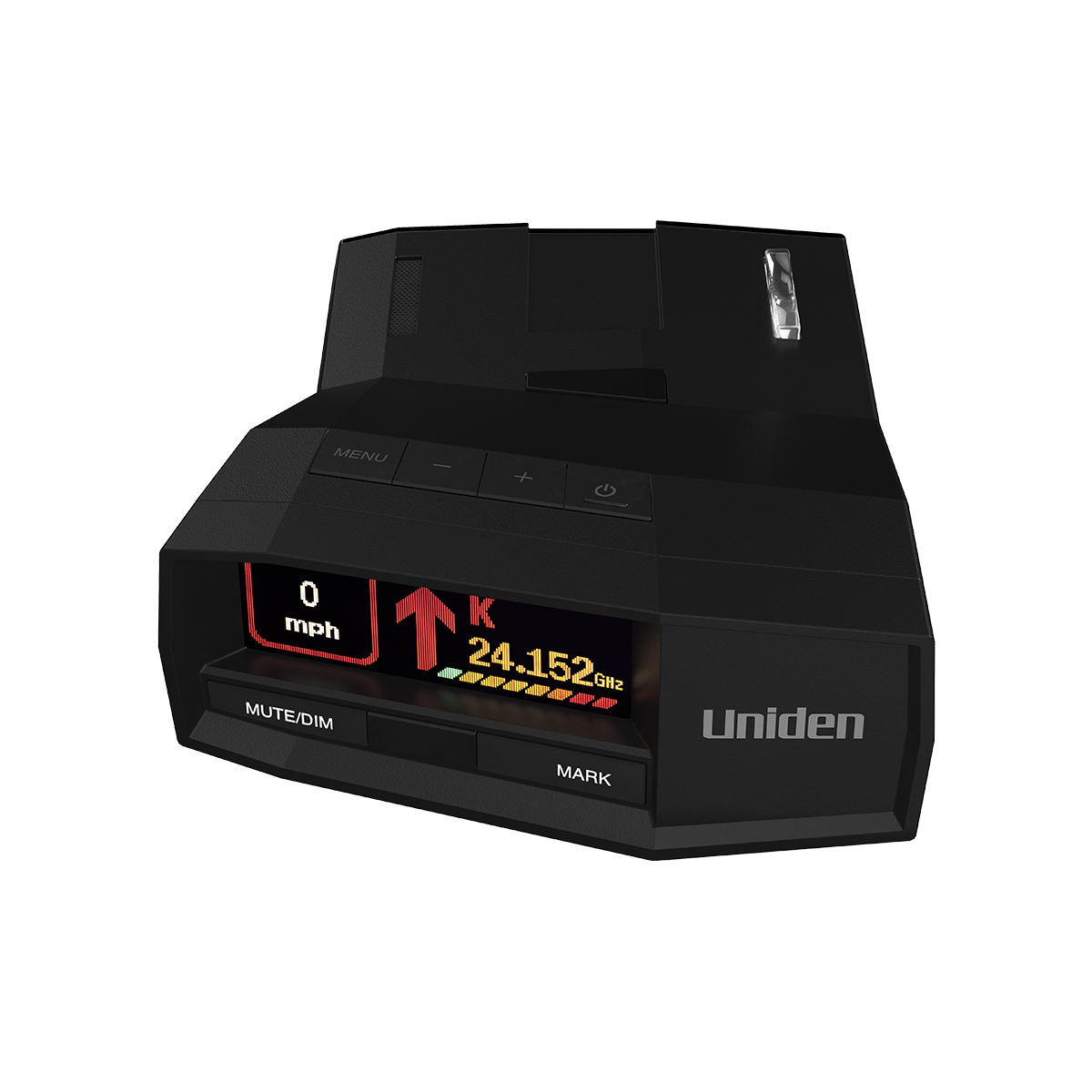 Uniden R8w radar detector, top view showing control buttons